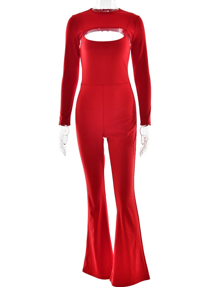 Fashion Stretch Tight Long Sleeve Top Strap Jumpsuit Set For Women Sexy Hollow Out Slim Two Piece Set Winter New2025 Set