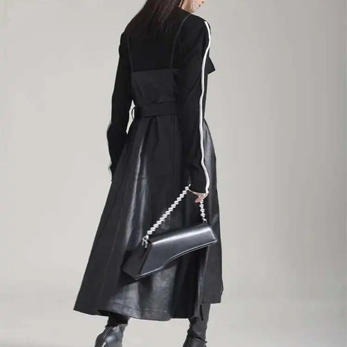 Load image into Gallery viewer, Women Black Pu Leather Belted Long A-line Dress New V-Neck Sleeveless Loose Fit Fashion Tide Spring Autumn 2025 1DH2000
