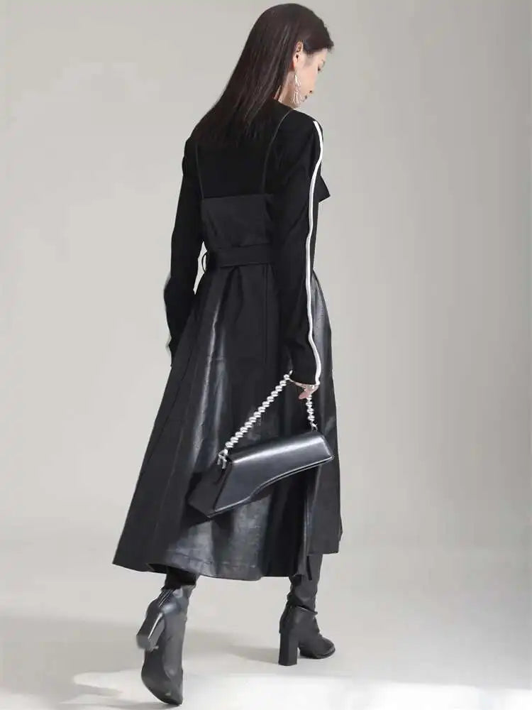 Women Black Pu Leather Belted Long A-line Dress New V-Neck Sleeveless Loose Fit Fashion Tide Spring Autumn 2025 1DH2000