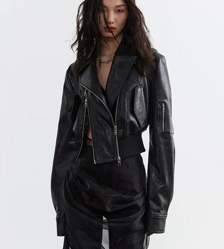 Black Pu Leather Zipper Slit Irregular Jacket New Lapel Long Sleeve Women Coat Fashion Tide Spring Autumn 2025 1DH4723