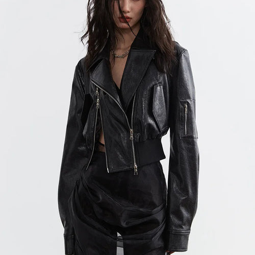 Load image into Gallery viewer, Black Pu Leather Zipper Slit Irregular Jacket New Lapel Long Sleeve Women Coat Fashion Tide Spring Autumn 2025 1DH4723
