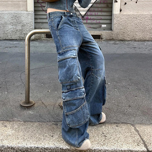 Load image into Gallery viewer, Streetwear Chic Stitched Low Rise Cargo Jeans Women Multi Pockets Y2K Harajuku Denim Trousers Distressed Design Pants
