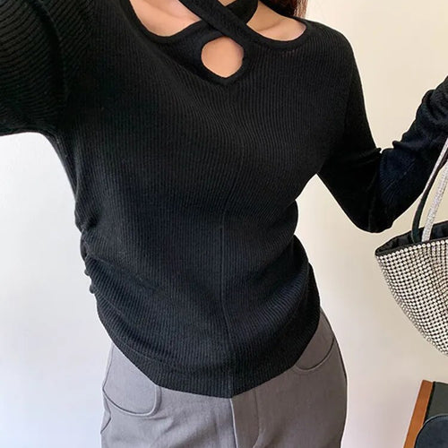 Load image into Gallery viewer, Solid Slimming Knitting Sweaters For Women Halter Long Sleeve Hollow Out Pullover Sweater Female Fashion Clothes
