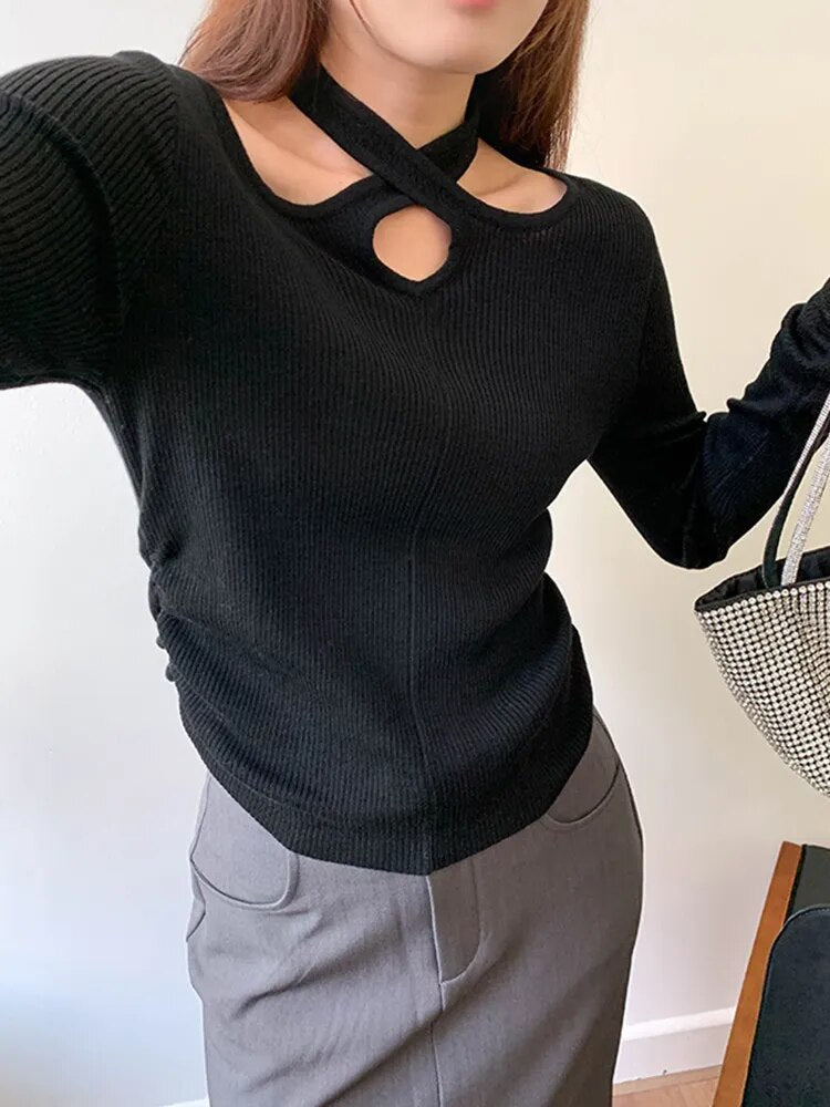 Solid Slimming Knitting Sweaters For Women Halter Long Sleeve Hollow Out Pullover Sweater Female Fashion Clothes