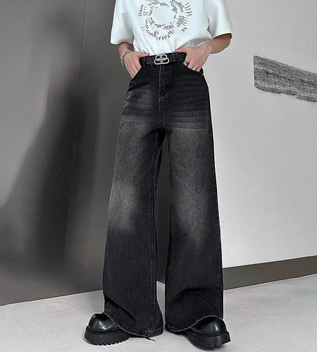 Korean Style Men's Jeans Solid Color Washing Straight Menswear All-match Wide Leg Baggy Cleanfit Male Denim Pants 9W1221