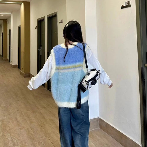 Load image into Gallery viewer, 2025 Japanese Sleeveless Sweater Vest Casual Vintage Pullovers Y2k Aesthetic Women Streetwear Grunge Striped Knitwear Waistcoat
