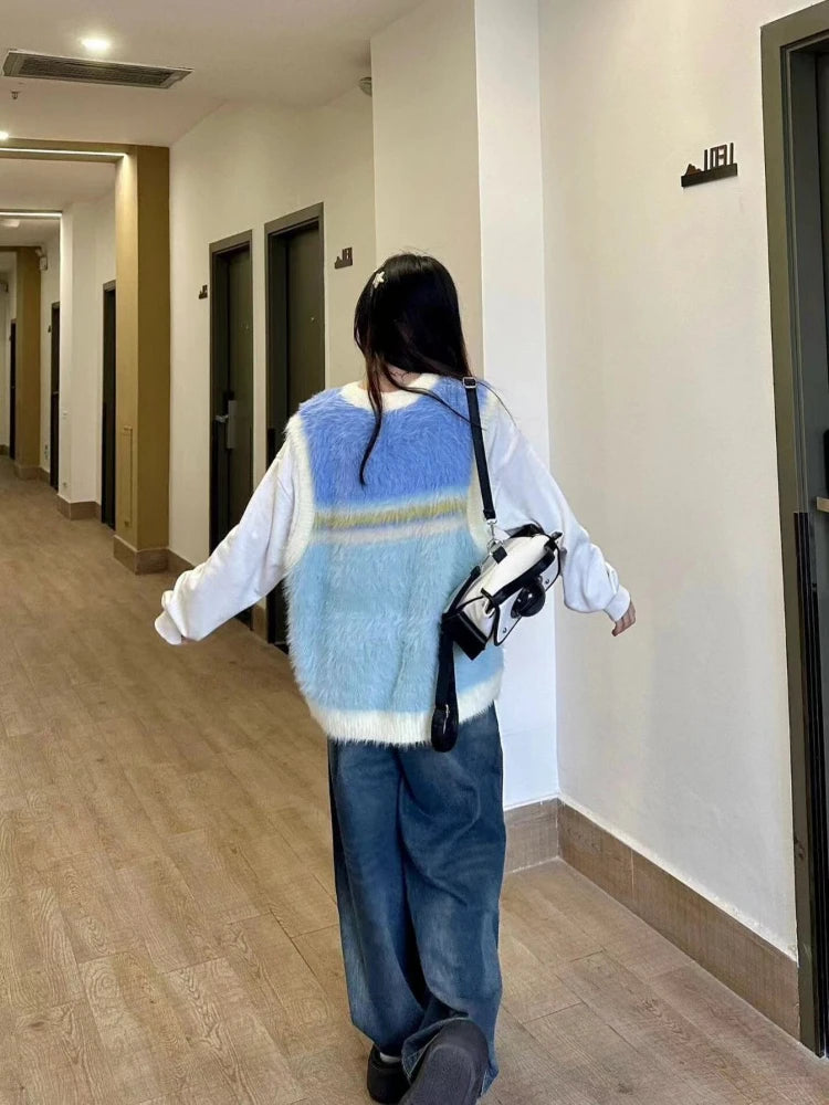 2025 Japanese Sleeveless Sweater Vest Casual Vintage Pullovers Y2k Aesthetic Women Streetwear Grunge Striped Knitwear Waistcoat