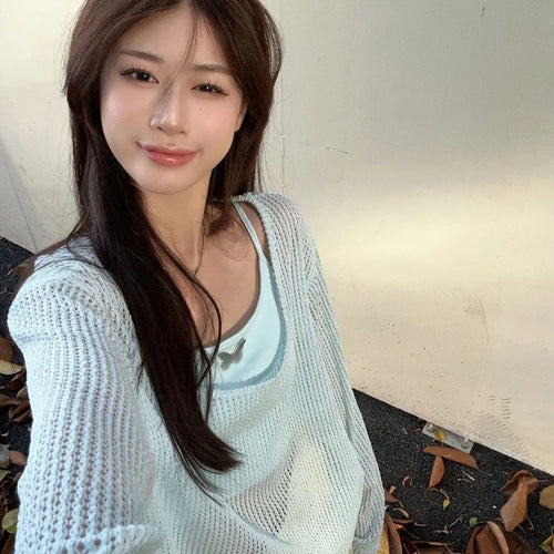 Load image into Gallery viewer, Summer Two Pieces Set  Y2k Aesthetic Casual Oversized Knitted Hollow Out T-shirt + Women Streetwear Butterfly Grunge Camisole
