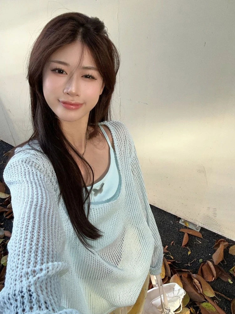 Summer Two Pieces Set  Y2k Aesthetic Casual Oversized Knitted Hollow Out T-shirt + Women Streetwear Butterfly Grunge Camisole