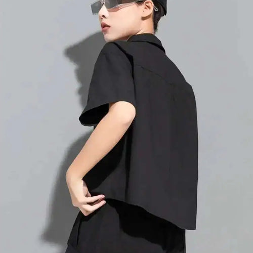 Load image into Gallery viewer, Women Black Irregular Big Size Casual Blouse New Lapel Short Sleeve Loose Fit Shirt Fashion Spring Summer 2025 1DE8726
