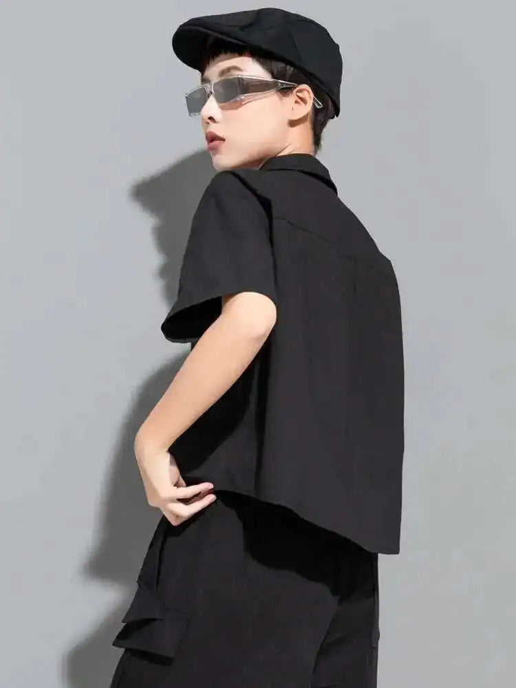 Women Black Irregular Big Size Casual Blouse New Lapel Short Sleeve Loose Fit Shirt Fashion Spring Summer 2025 1DE8726