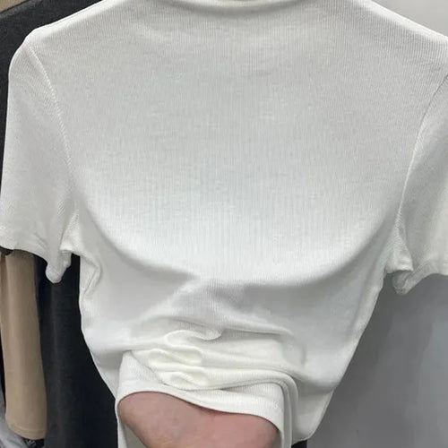 Load image into Gallery viewer, Threaded Short Sleeves Women T-shirts Summer New 2025 Turtleneck Solid Slim Elastic Long-sleeved Female Buttoming Pulls Top Tees
