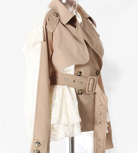 Women Khaki Lace Ruffles Big Size Elegant Trench New Lapel Long Sleeve Windbreaker Fashion Tide Spring Autumn 2025 7AB6667