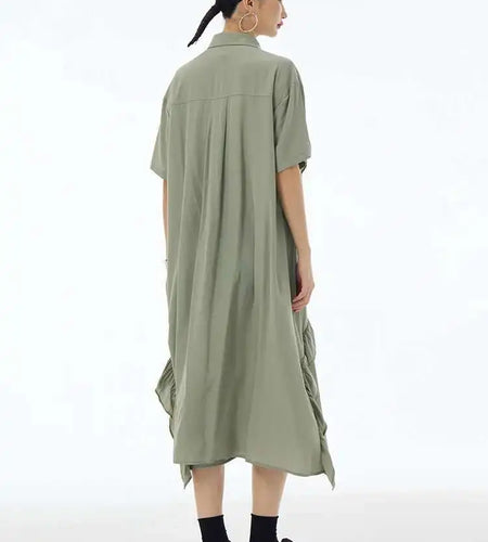 Women Green Irregular Ruffles Big Size Midi Shirt Dress New Lapel Short Sleeve Fashion Tide Spring Summer 2025 1DH6080