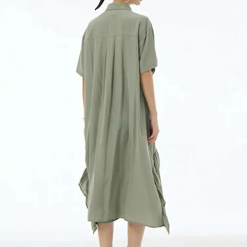 Load image into Gallery viewer, Women Green Irregular Ruffles Big Size Midi Shirt Dress New Lapel Short Sleeve Fashion Tide Spring Summer 2025 1DH6080
