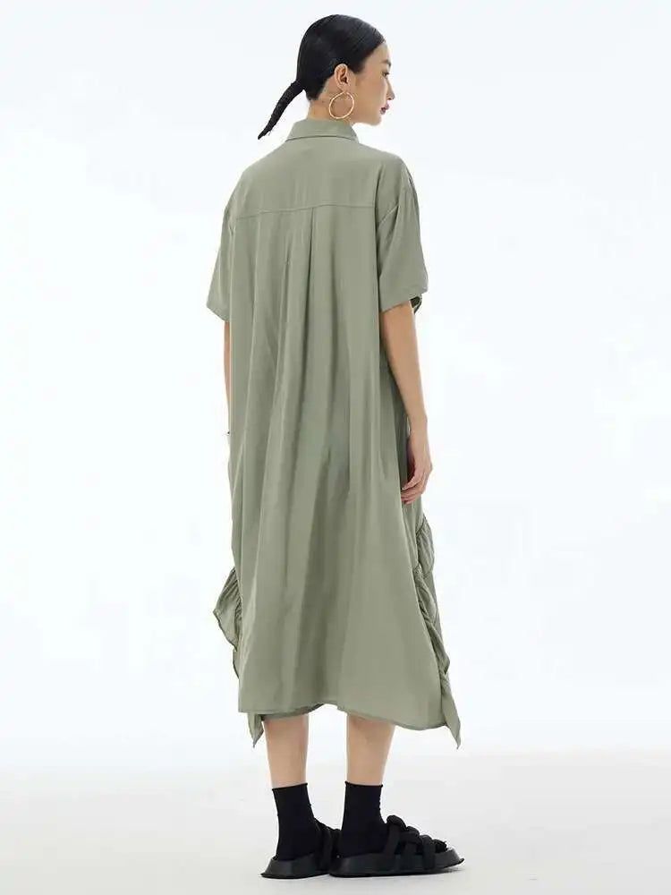 Women Green Irregular Ruffles Big Size Midi Shirt Dress New Lapel Short Sleeve Fashion Tide Spring Summer 2025 1DH6080