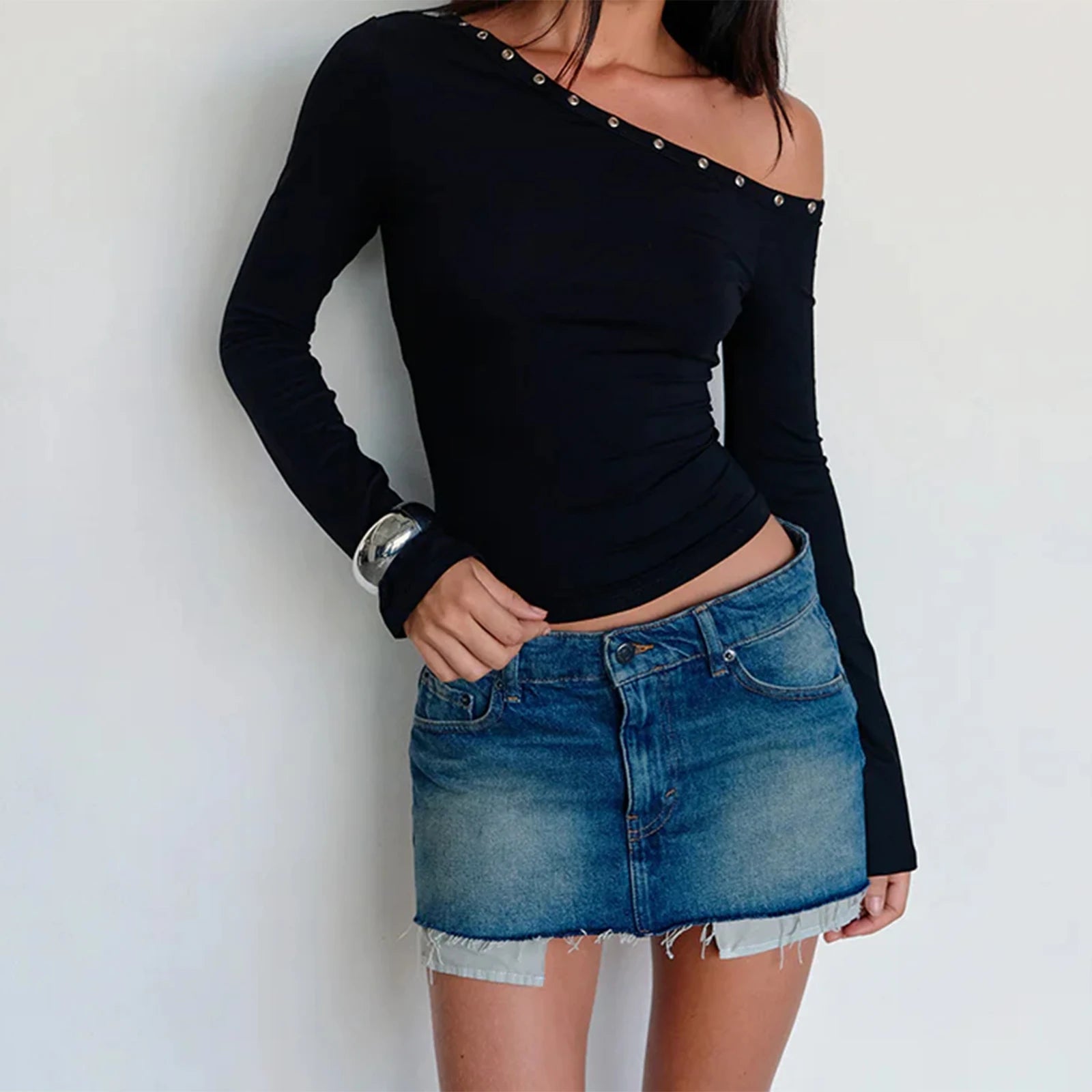 y2k Aesthetic Tops Women Clothes Solid Color Off One Shoulder Long Sleeve Cropped T Shirts 2000s Clothing Streetwear