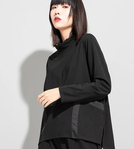 Loose Fit Black Pocket Irregular Sweatshirt New Stand Collar Long Sleeve Women Big Size Fashion Spring Autumn 2025 1DE4263
