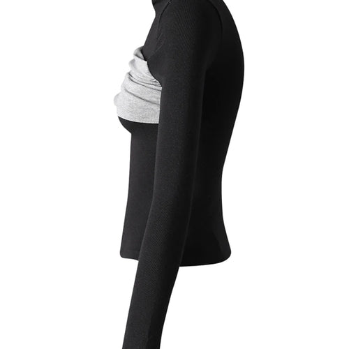 Load image into Gallery viewer, Women Black Coffee Color-block Elegant Slim T-shirt New Turtleneck Long Sleeve Fashion Tide Spring Autumn 2025 CPG3266
