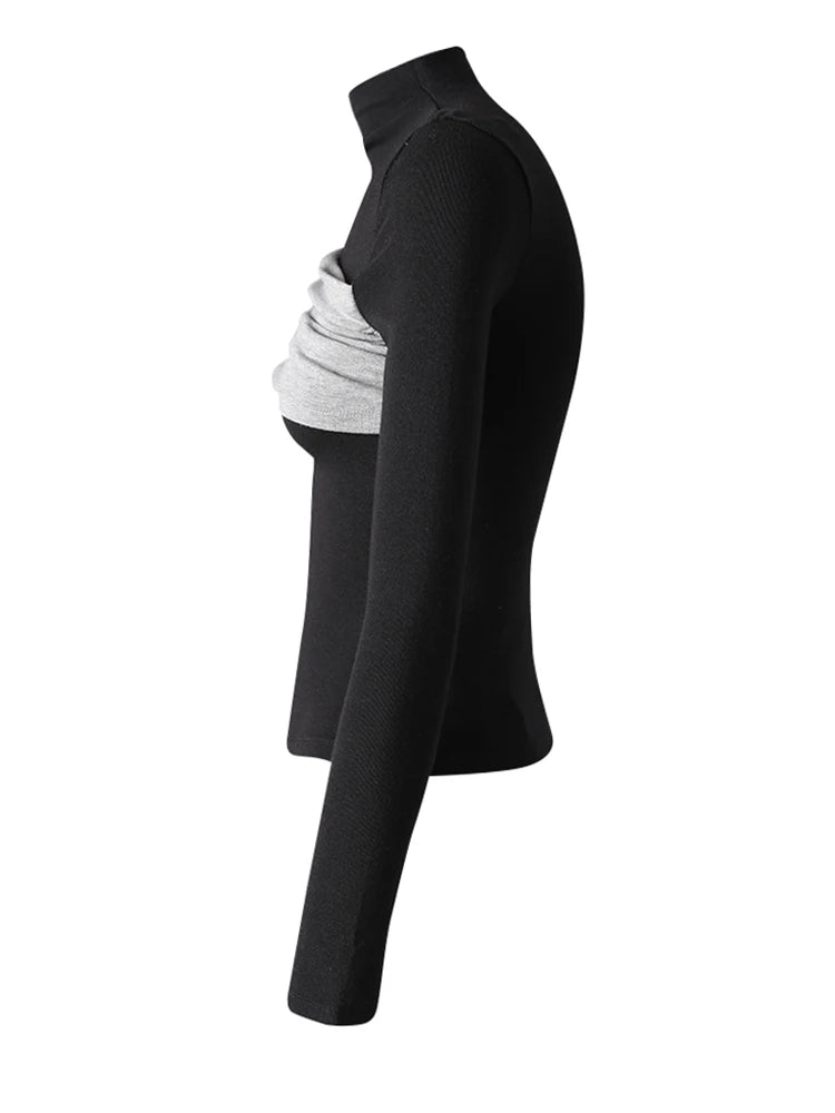 Women Black Coffee Color-block Elegant Slim T-shirt New Turtleneck Long Sleeve Fashion Tide Spring Autumn 2025 CPG3266