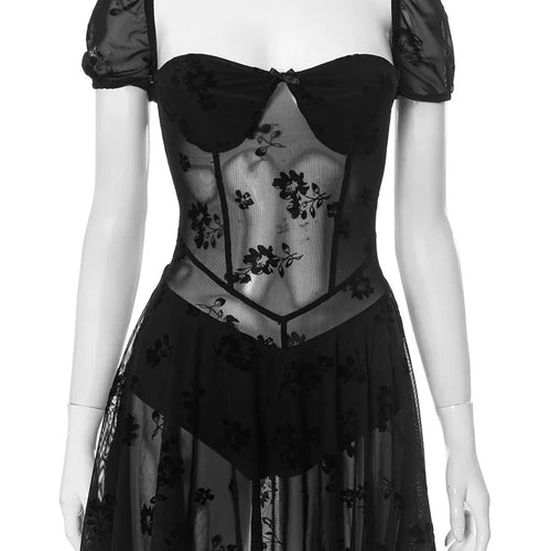 Load image into Gallery viewer, See Through Lace Sexy Mini Dress Women Patchwork Short Sleeve Square Collar Backless High Waist Pleated Club Dress
