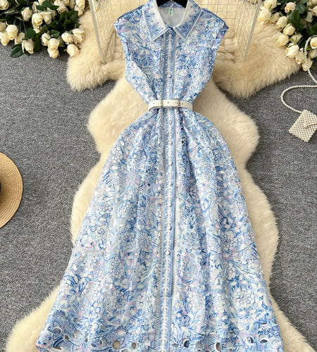 French Women's Orange Blue Crochet Flower Elegant Sleeveless Hollow Out Long Dress Summer Sexy Slim Single Breasted Party Dress