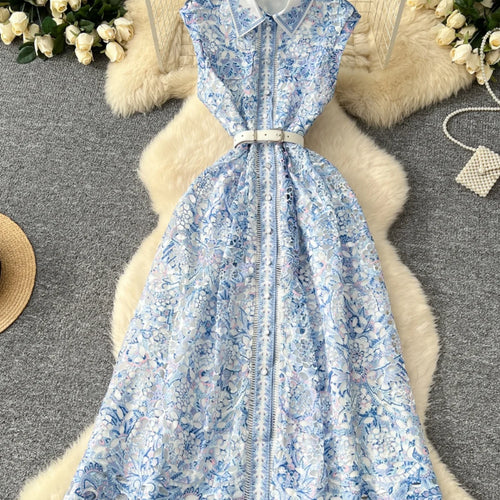 Load image into Gallery viewer, French Women's Orange Blue Crochet Flower Elegant Sleeveless Hollow Out Long Dress Summer Sexy Slim Single Breasted Party Dress
