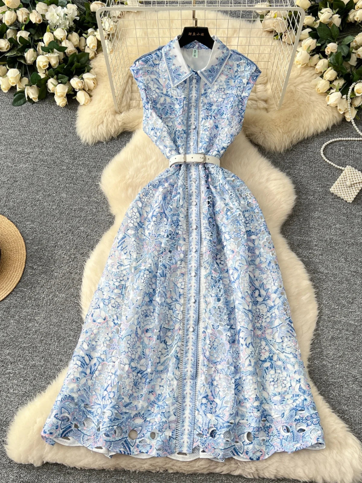 French Women's Orange Blue Crochet Flower Elegant Sleeveless Hollow Out Long Dress Summer Sexy Slim Single Breasted Party Dress