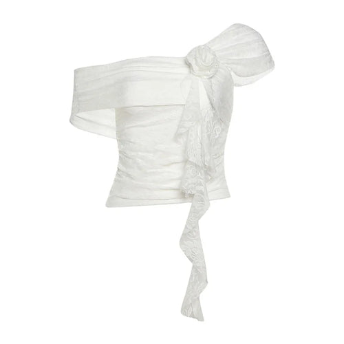 Load image into Gallery viewer, Y2k Aesthetic Lace Jacquard Vintage Tees 2025 Streetwear Fairy Slash Neck Cropped Tshirts Women Harajuku Grunge 3D Flower Tops
