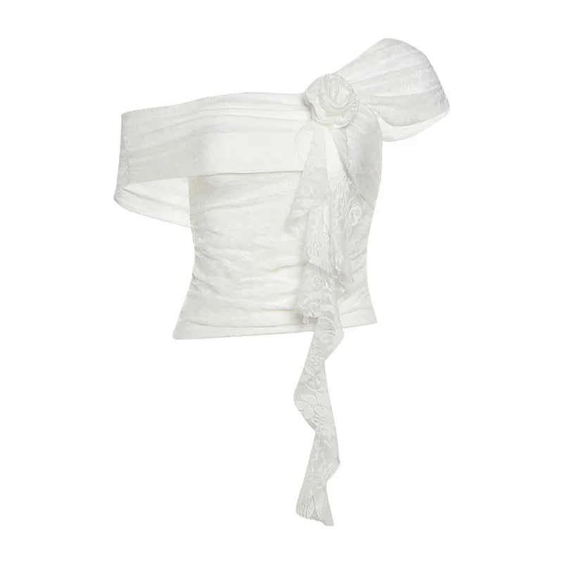 Y2k Aesthetic Lace Jacquard Vintage Tees 2025 Streetwear Fairy Slash Neck Cropped Tshirts Women Harajuku Grunge 3D Flower Tops