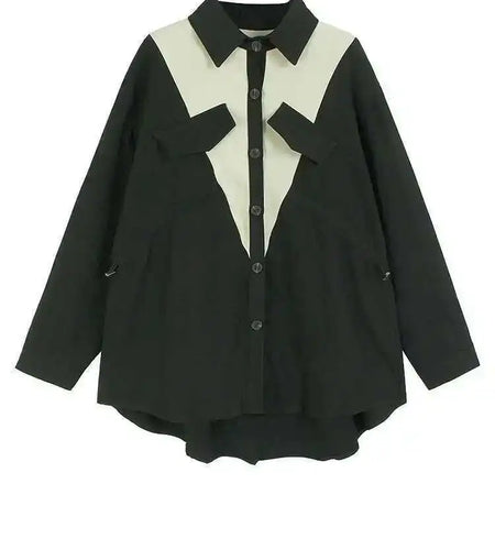 Women Green Color-block Pocket Big Size Casual Blouse New Lapel Long Sleeve Shirt Fashion Tide Spring Autumn 2025 1DH4567