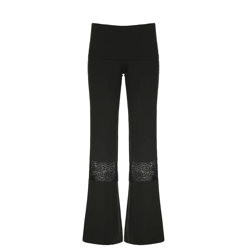 Streetwear Fashion Black Flare Pants Low Waisted Chic Slim Lace Patchwork Women Trousers Elegant Office Ladies Bottom