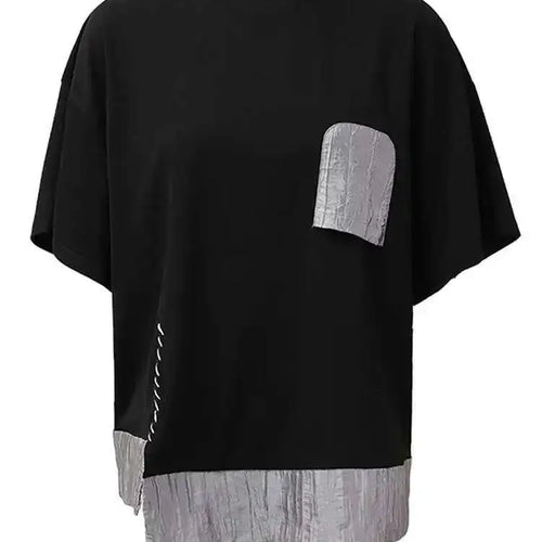 Load image into Gallery viewer, Women Black Pocket Color-block Topstitched Big Size T-shirt New Round Neck Short Sleeve Fashion Spring Summer 2025 1DH5356

