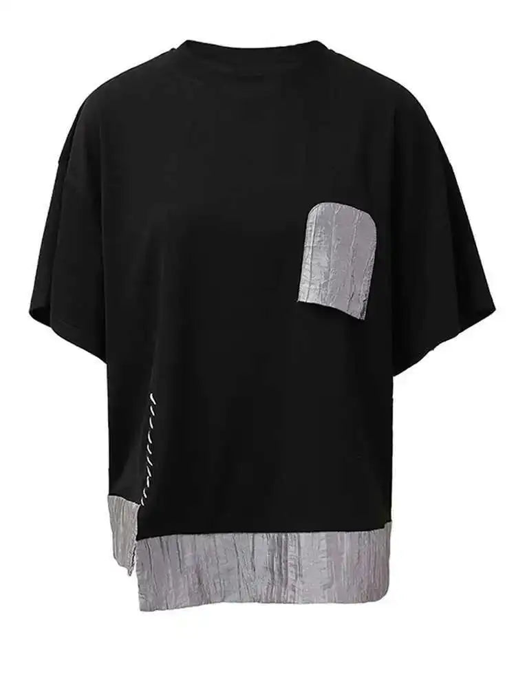 Women Black Pocket Color-block Topstitched Big Size T-shirt New Round Neck Short Sleeve Fashion Spring Summer 2025 1DH5356