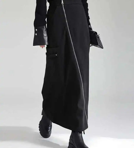 High Waist Black Irregular Zipper Pocket Long Casual Half-body Skirt Women Fashion Tide New Spring Autumn 2025 1DH3481