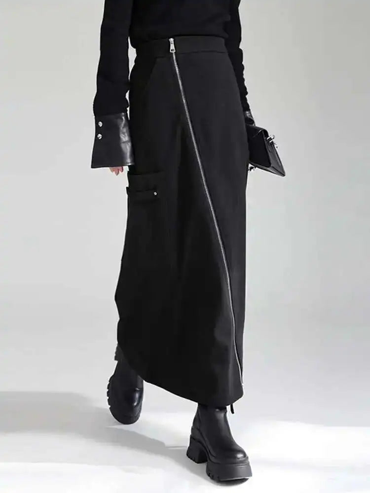 High Waist Black Irregular Zipper Pocket Long Casual Half-body Skirt Women Fashion Tide New Spring Autumn 2025 1DH3481