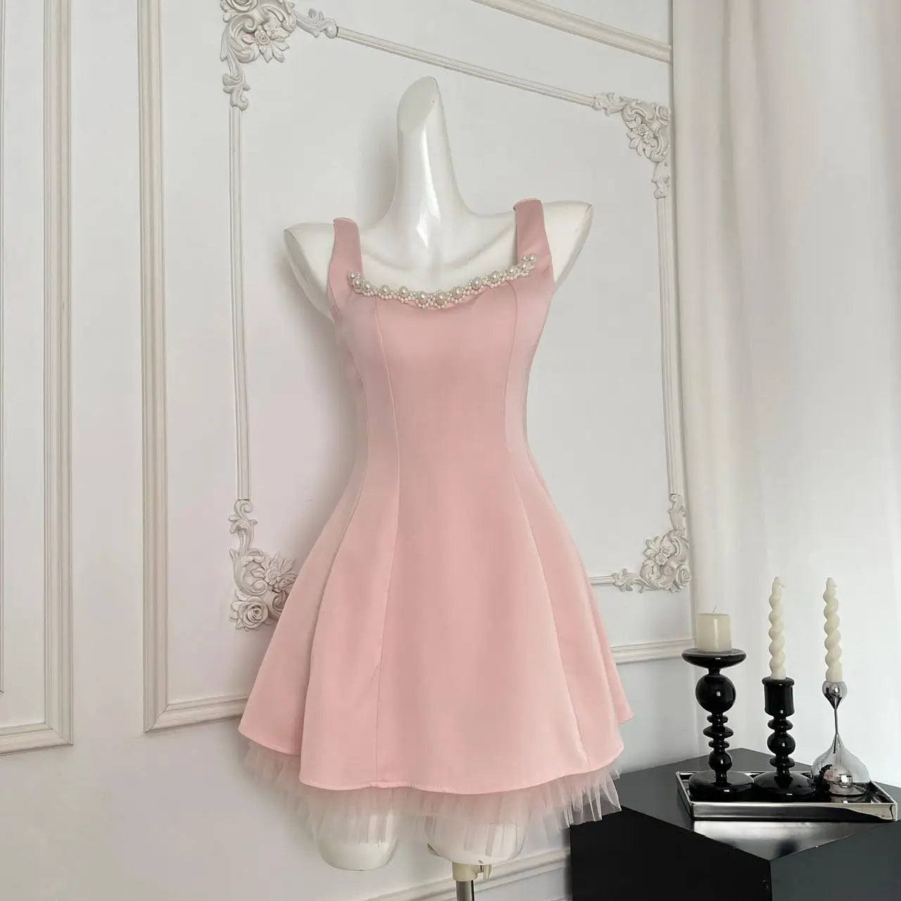 Summer 2024 Retro Pink Mesh Pearl Bead Sleeveless Backless Elegant Sexy Prom Dress Women Clothes Birthday Party Slip Short Dress