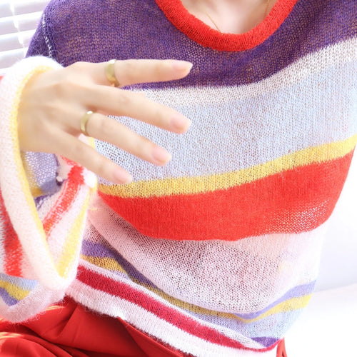 Load image into Gallery viewer, Runway Women&#39;s Short Pullover Sweater Fall Fashion Thin Round Neck Rainbow Striped Knit Mohair Ladies Jumper B-0096
