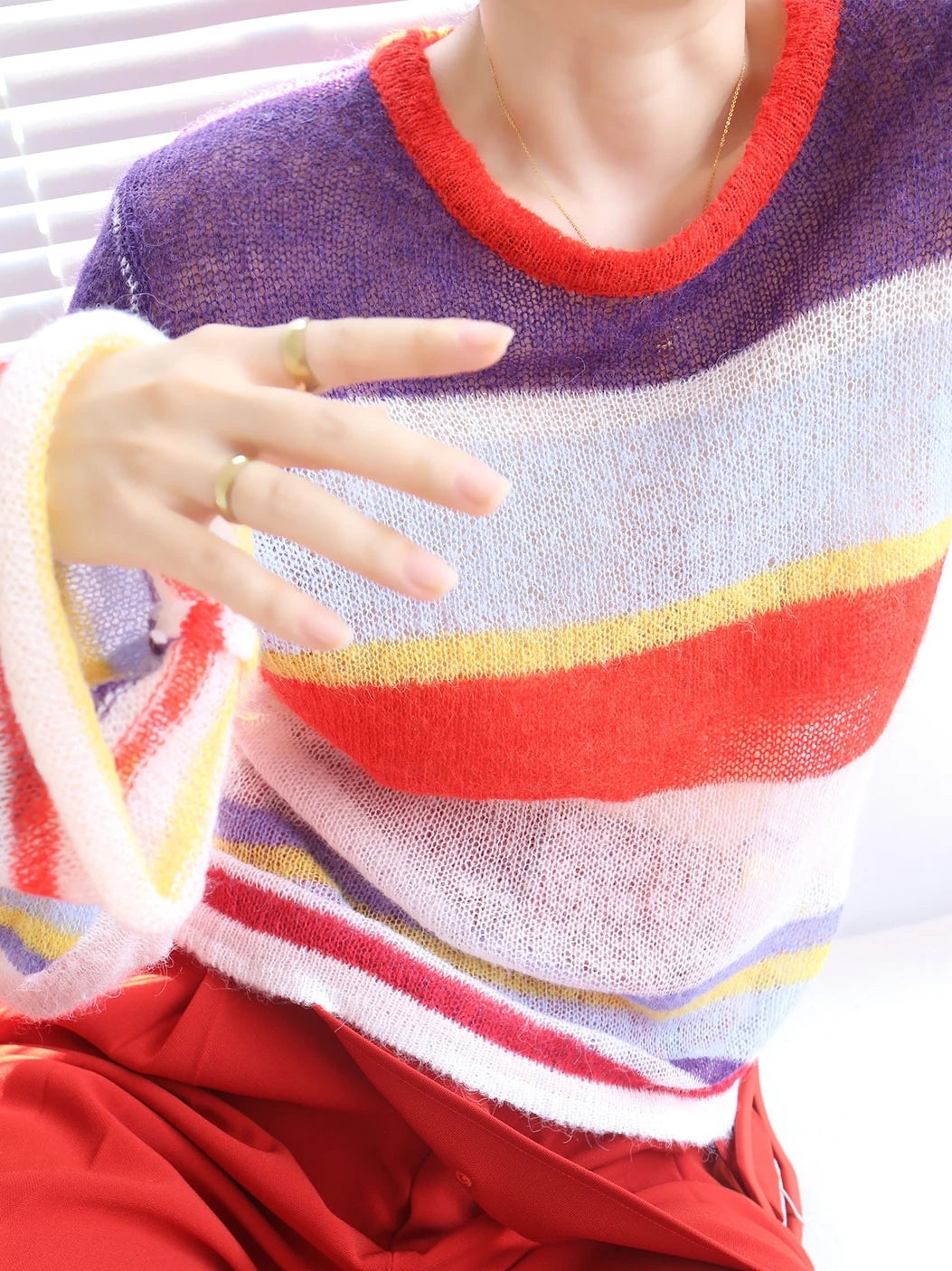 Runway Women's Short Pullover Sweater Fall Fashion Thin Round Neck Rainbow Striped Knit Mohair Ladies Jumper B-0096