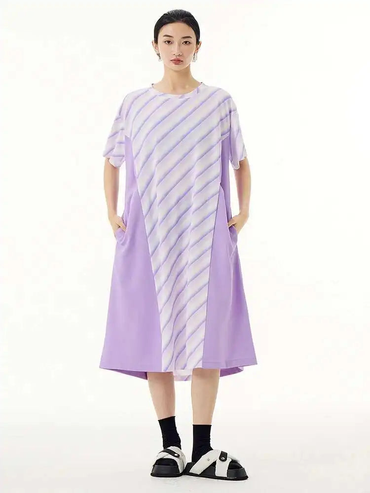 Women Purple Striped Color-block Big Size Dress New Round Neck Short Sleeve Fashion Tide Spring Summer 2025 1DH5420