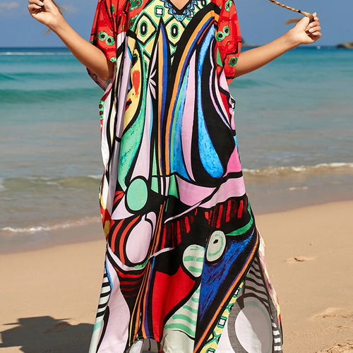 Load image into Gallery viewer, Colorful Kaftan Tunic Beach Cover Up Cover-ups Beach Dress Beach Wear Beachwear Loose Maxi Dress Female Women V4428
