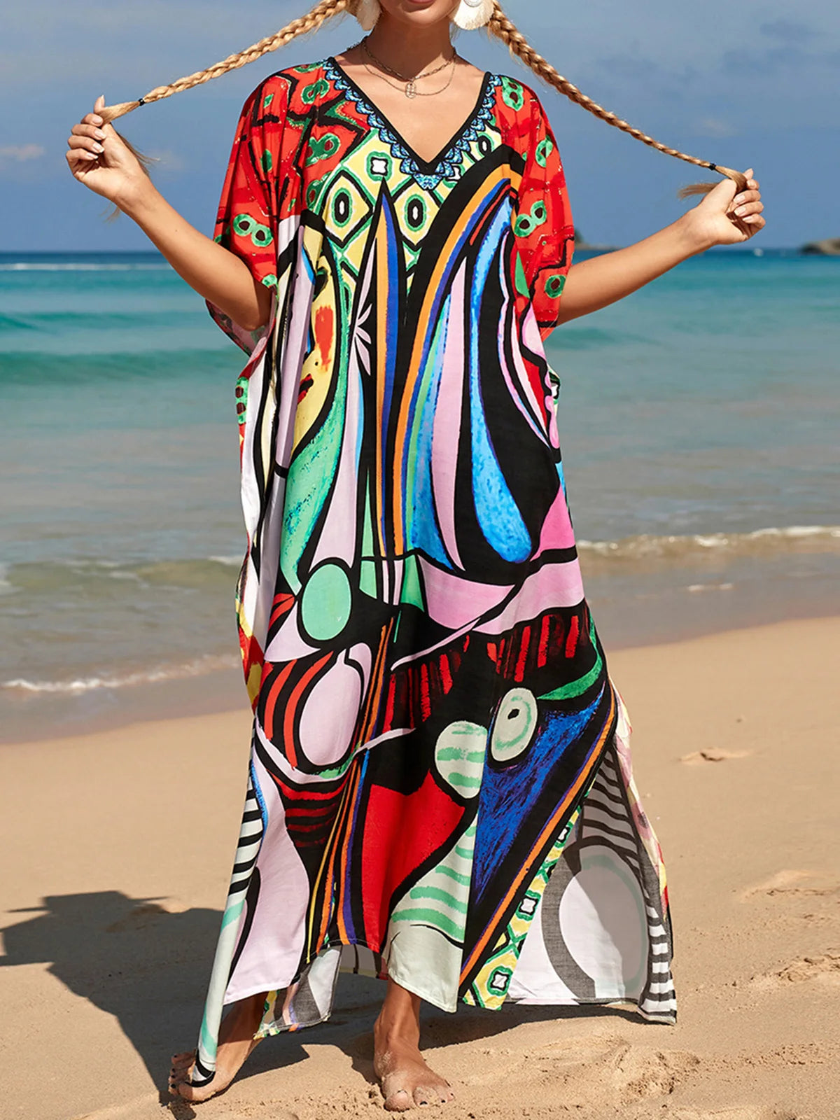 Colorful Kaftan Tunic Beach Cover Up Cover-ups Beach Dress Beach Wear Beachwear Loose Maxi Dress Female Women V4428