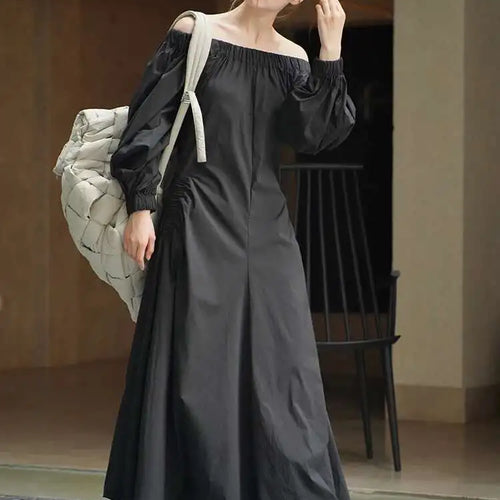 Load image into Gallery viewer, Women Black Brief Long Elegant Dress New Slash Neck Long Puff Sleeve Loose Fit Fashion Tide Spring Autumn 2025 1DF9947
