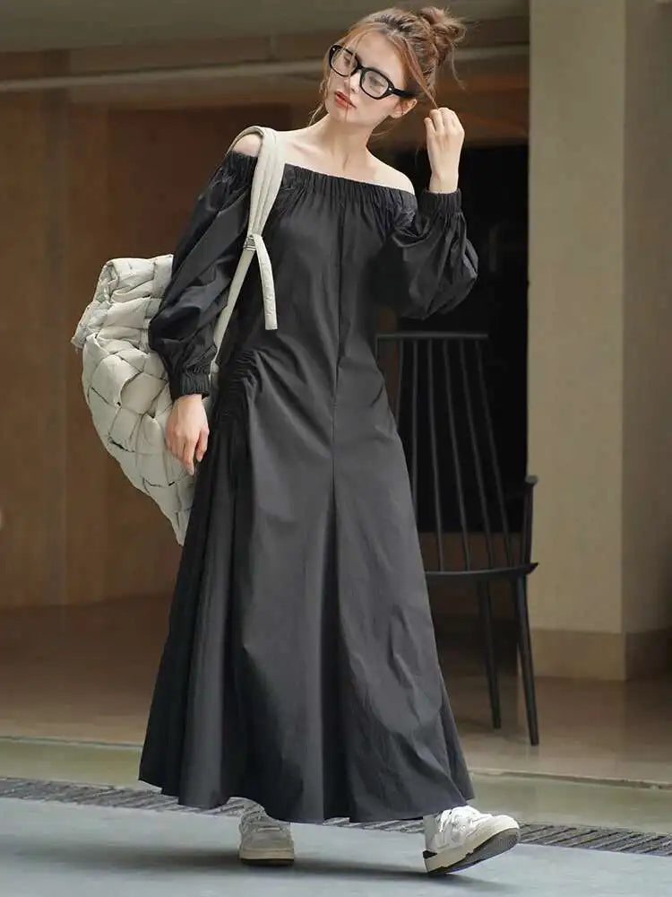 Women Black Brief Long Elegant Dress New Slash Neck Long Puff Sleeve Loose Fit Fashion Tide Spring Autumn 2025 1DF9947