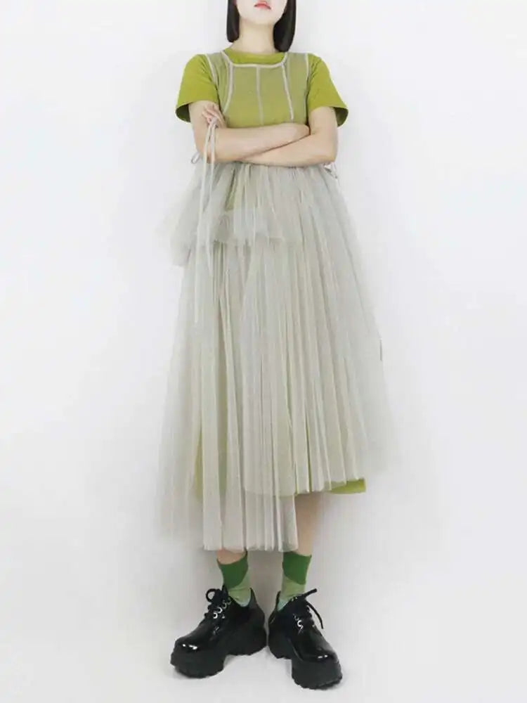 Women Green Mesh Irregular Elegant Dress New Round Neck Sleeveless Loose Fit Fashion Tide Spring Summer 2025 1DF9867