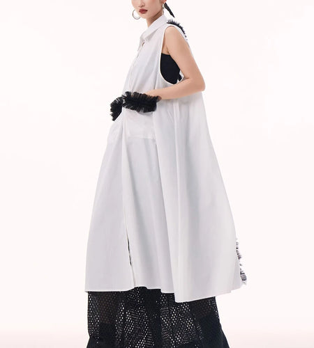 Women White Mesh Color-block Backless Big Size Shirt Dress New Lapel Sleeveless Fashion Tide Spring Summer 2025 1DH9518