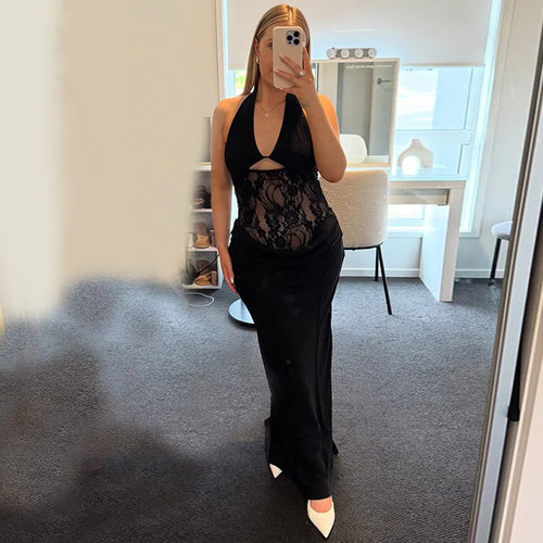 Load image into Gallery viewer, Sheer Lace Hollow Out Sexy Maxi Dress For Women Gown Halter Deep V Neck Sleeveless Backless Bodycon Long Dress

