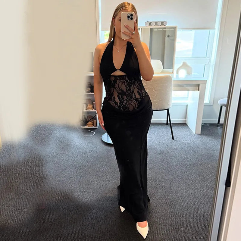 Sheer Lace Hollow Out Sexy Maxi Dress For Women Gown Halter Deep V Neck Sleeveless Backless Bodycon Long Dress