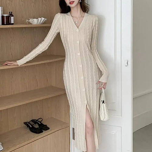 Load image into Gallery viewer, Autumn Winter French Black Long Sleeves Festival Knitted Dress Women's Elegant V Neck Single Breasted Wrap Hip Split Dress Trend

