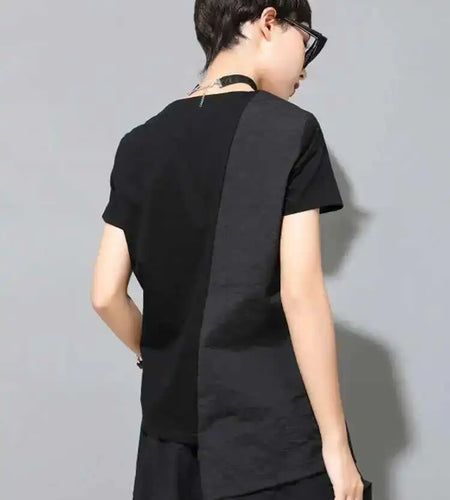 Women Black Irregular Slit Color-block Big Size T-shirt New V-Neck Short Sleeve Fashion Tide Spring Summer 2025 1DE9320